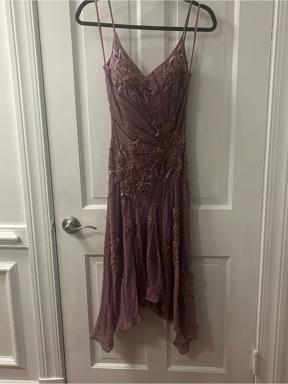 Sue Wong Miley Cyrus Dusty Mauve purpleBeaded Asymmetrical Spaghetti-Strap Dress